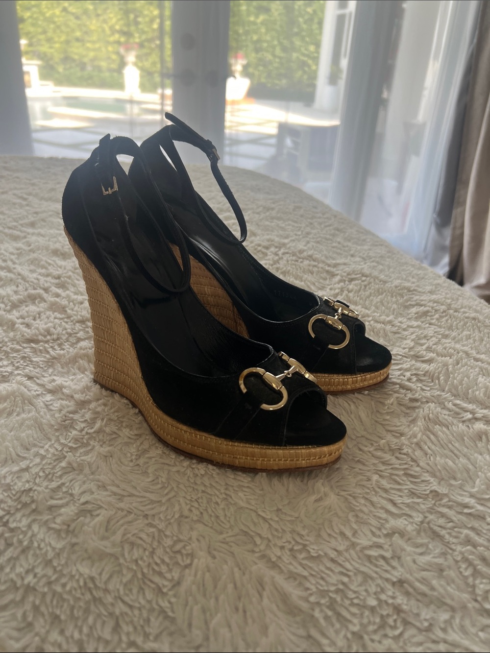Gucci Horsebit Black Suede Wedge Sandals with Gold Accent